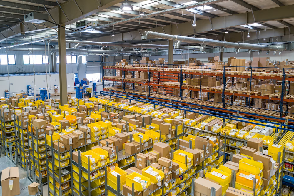 Warehouse employee using a handheld barcode scanner